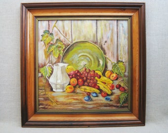 Fall Still Life Painting Fruit, Framed Original Vintage Wall Art Rustic Cabin Farm Décor, Signed Ann Beduhn