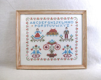 Folk Art Hand Embroidery Cross Stitch Sampler, Vintage Cottage Home Décor