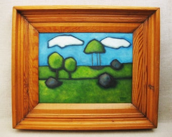 Original Lush Green Landscape Painting of Rolling Hills Framed in Vintage Wooden Frame Fine Art Wall Décor