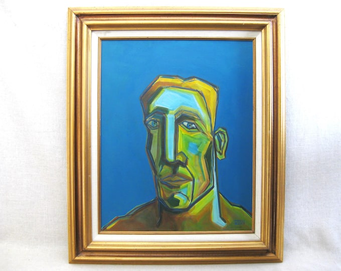 Featured listing image: Large Contemporary Male Portrait Abstract Painting, Original Framed Colorful Wall Art, Masculine Home Décor