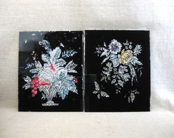 Pair of Vintage Flower Paintings Reverse Glass Floral Bouquet