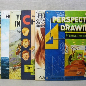 May include: A collection of vintage drawing books with colorful covers. The books are titled "How to See", "How to Draw", "Things in Nature", "Charcoal, Crayon, Pencil", and "Perspective Drawing by Ernest Norling".