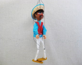 Vintage Mexican String Puppet Souvenir Toy Male Marionette from Mexico Rustic Primitive Doll Figure Baby Shower Gift