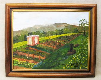 Naïve Folk Art Summer Landscape Painting, Original Framed Vintage Wall Art Rustic Home Décor