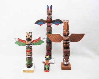 Collection of Vintage Totem Poles Indigenous Folk Art, Wooden Americana, Hand Carved Statue Sculpture