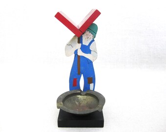 Folk Art Male Figure Dresser Catchall, Ash Tray Portrait Carving, Ring Dish Rustic Cabin Home Décor