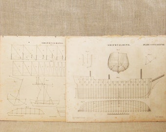 Antique Book Plate Engravings, Ship Building Mechanical Illustration, Navy, Nautical Vintage Ephemera