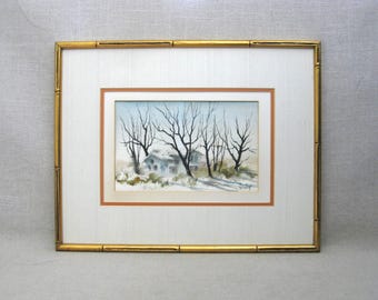 Winter Landscape Watercolor Painting, Framed Original Rudolf Ohrning, Snowy Rustic Cabin Wall Art Home Décor Wedding Gift