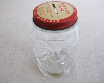 Vintage Lucky Joe Coin Piggy Bank, Nash Underwood Mustard Advertisement Premium Jar Kids Savings Gift