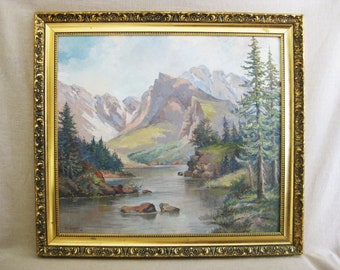 Large Mountain Landscape Painting of Colorado Estes Park, Framed Original Vintage Art Signed Fr. Aichele