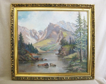 Large Vintage Mountain Landscape Painting of Colorado Estes Park, Framed Original Fine Art Signed Fr. Aichele