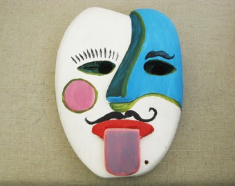 Folk Art Mask Sculpture Contemporary Hand Carved Portrait, Vintage Donald A Larsen Whimsical Wall Art