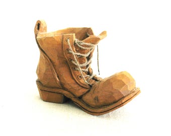 Miniature Folk Art Boot Carving, Shoe Wood Sculpture, Gift for Dad
