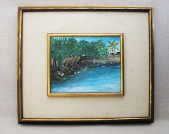 Tropical Landscape Painting, Original Palm Trees Framed Vintage Wall Art Beach House Décor