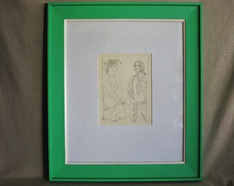 Vintage Female Portrait Engraving Nudes, Framed Original Fine Art