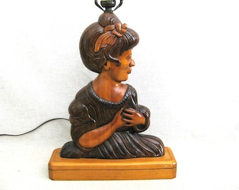 Vintage Folk Art Female Bust Lamp, Hand Carved Figure of Woman