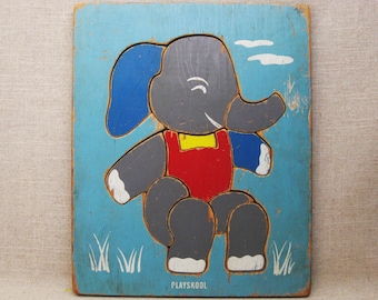 Vintage Elephant Wood Jigsaw Puzzle Children's Toys, Animal Play Skool Folk Art Wall Décor