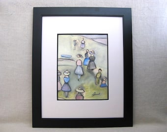 Vintage Female Group Portrait Original Pastel Drawing Framed Modern Art