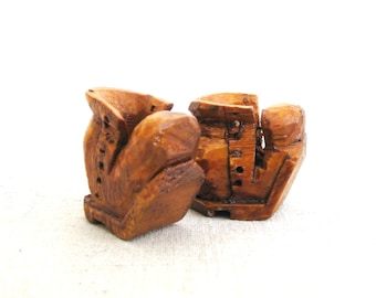 Primitive Wooden Shoe Folk Art Sculpture Carving Boot Miniature Pair Rustic Décor