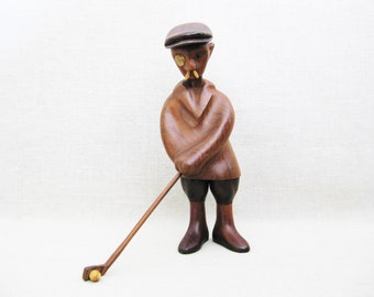 Vintage Golfer Wood Carving Male Portrait Statue, Romer Italy, Carved Sculpture