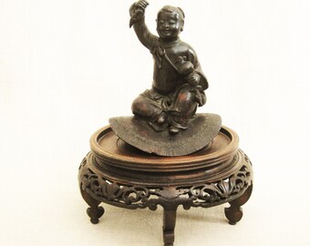 Antique Japanese Bronze Statue, Figurative Meiji Period Male Child Portrait Sculpture,