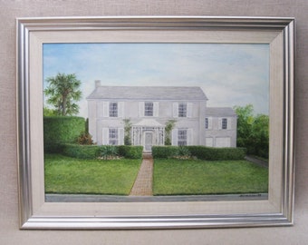 Original Florida House Portrait Landscape Painting, Architecture Framed Wall Art Tropical Home Décor