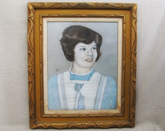 Large Female Child Portrait Pastel Drawing, Original Framed Wall Art Vintage Nursery Home Décor