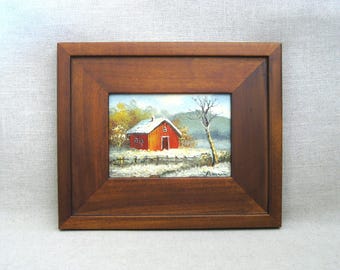 Snowy Winter Landscape Painting, Original Barn Rural Country Framed Vintage Wall Art, Signed Bennet