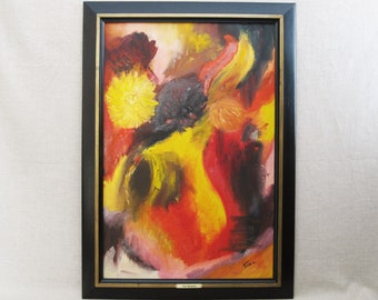 Abstract Flower Painting, Original Framed Vintage Floral Still Life, Wall Art Tina Horowitz, Red Yellow Mid-Century Décor
