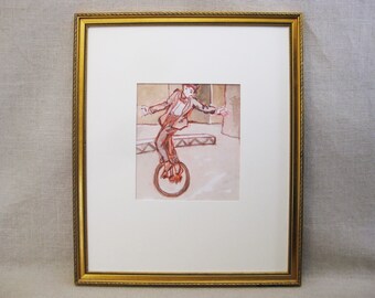 Circus Theme Male Figure Watercolor Painting, Original Framed Vintage Wall Art, Man on Unicycle