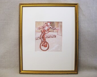 Vintage Male Portrait Watercolor Painting Circus Theme Man on Unicycle Framed Original Fine Art Wall Décor