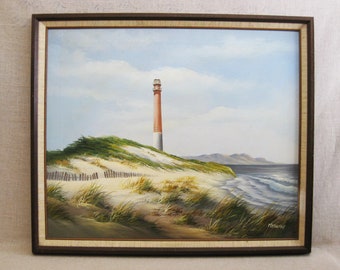 Vintage Beach Landscape Painting of Lighthouse Framed Original Fine Art