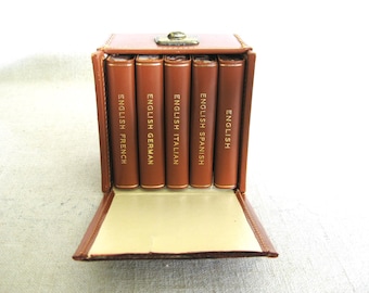 Vintage Miniature Language Dictionary Set, Midget European English to French, Spanish, Italian, German, Travel Size