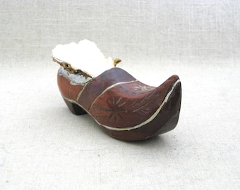 Folk Art Ring Dish Miniature Shoe Wooden Clog European Oyster Shell Vintage Rustic Cabin and Beach House Gift