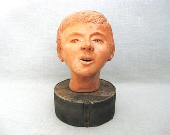 Vintage Male Bust Portrait Sculpture, Terracotta Figural Boys Head