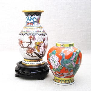Cloisonné Bud Vase on Carved Wooden Stand, Vintage Chinoiseries Décor Housewarming Gift