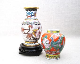 Cloisonné Bud Vase on Carved Wooden Stand, Vintage Chinoiseries Décor Housewarming Gift