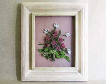Pink Beaded Flowers in Shadow Box, Framed Original Vintage Wall Art Cottage Décor Wedding Gift