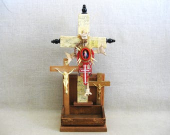 Religious Shrine Altar, Folk Art Assemblage, Wall or Table Top Sculpture, Found Object Spiritual Home Décor