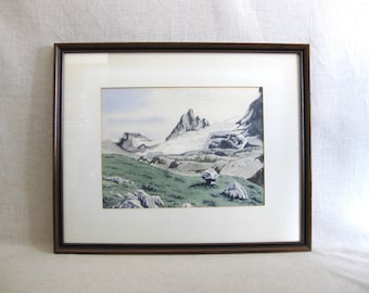 Vintage Watercolor Winter Mountain Landscape Painting, Signed M Young, Rustic Cabin Décor
