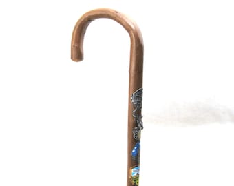 European German Vintage Hiking Memory Cane, Walking Stick with 6 Metal Souvenir Badges Medallions