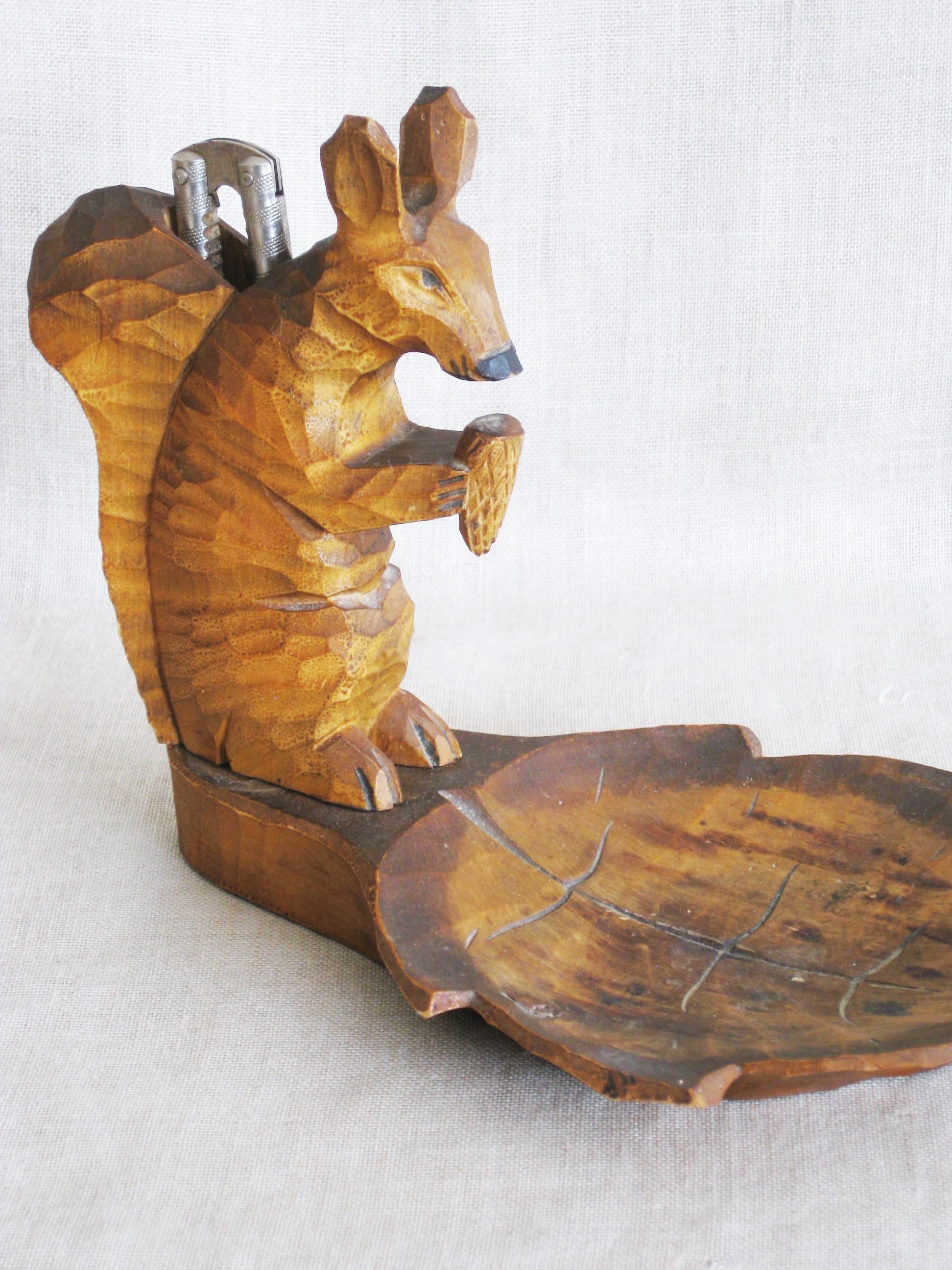Vintage Carved Wooden Squirrel Nut Cracker On Leaf Shaped Dish
