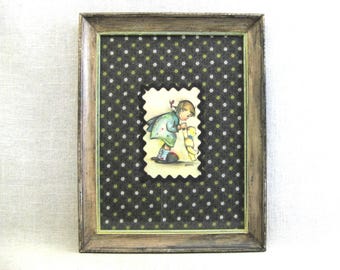 Primitive Female Portrait Wall Hanging, Children Framed Wall Art Rustic Nursery Home Décor
