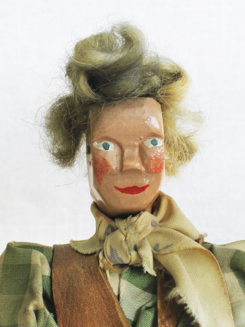 Folk Art Female Portrait Figure, Vintage Carved Wooden Doll, Rustic