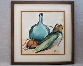 Vintage Mid-Century Still Life Watercolor Painting, Framed Original Fine Art Rustic Cabin Décor