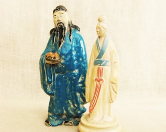 Vintage Asian Figurines Male Shou Xing Longevity Female Portrait Sculpture Signed Ruben Kupur