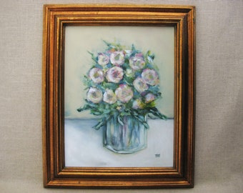 Feminine Floral Still Life Painting, Original Framed Pink Wall Art, Cottage Home Décor