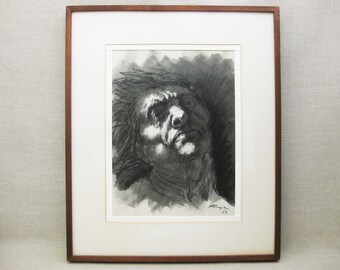 Mid-Century Male Portrait Drawing, Framed Original Wall Art, Modern Wooden Frame Home Décor