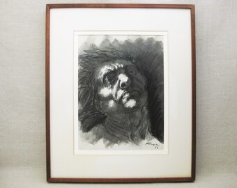 Charcoal Vintage Male Portrait Drawing Framed Original Mid-Century Fine Art in Modern Wooden Frame