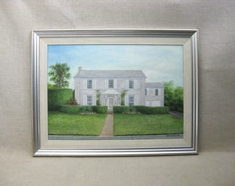 Vintage Florida House Portrait Landscape Painting, Original Architecture Framed Wall Art Tropical Home Décor
